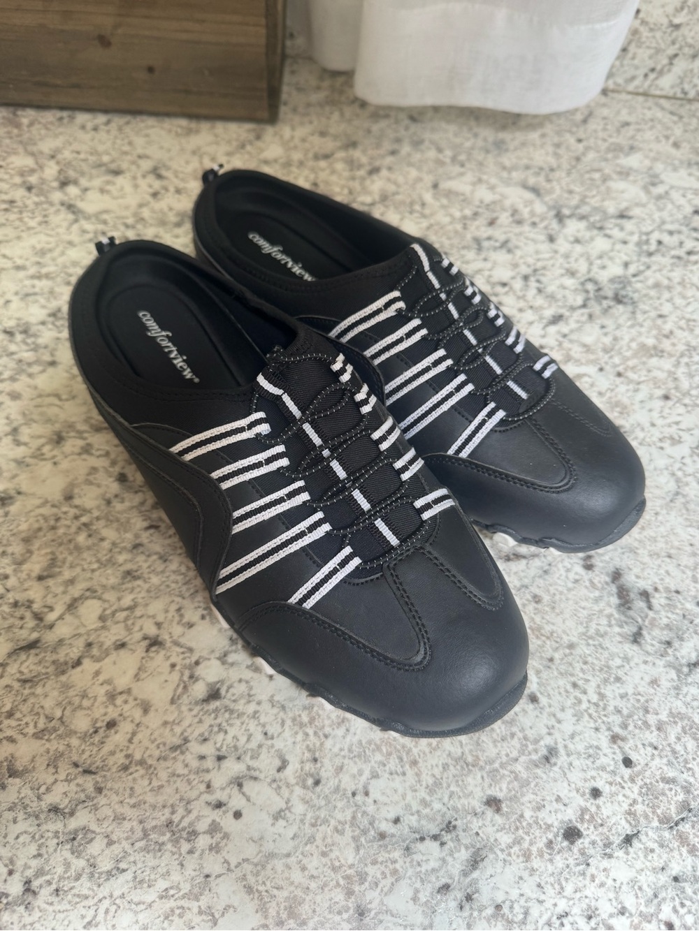 Comfortview 12WW women’s Black Slip-On Athletic Shoes with White Accent Stripes